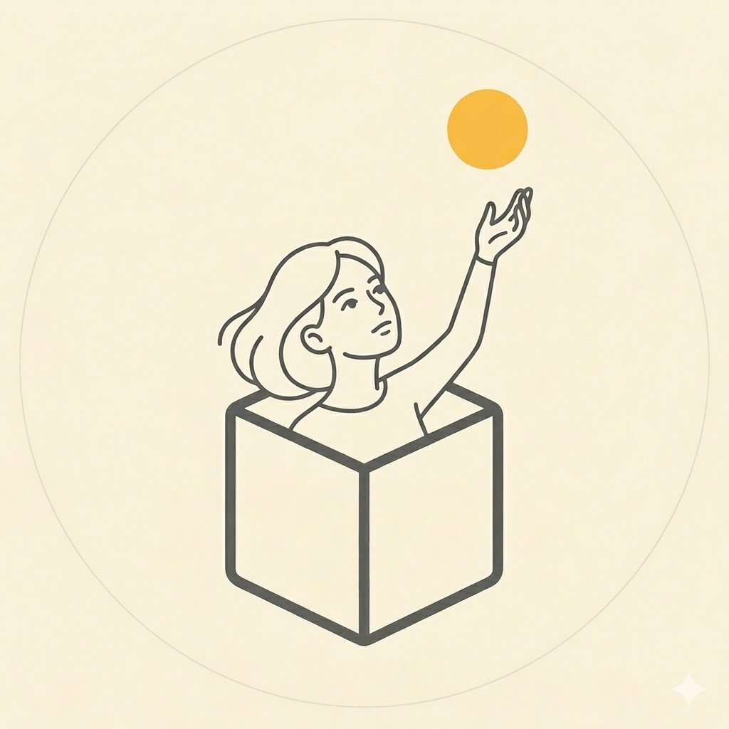 Ilustración de una chica saliendo de una caja