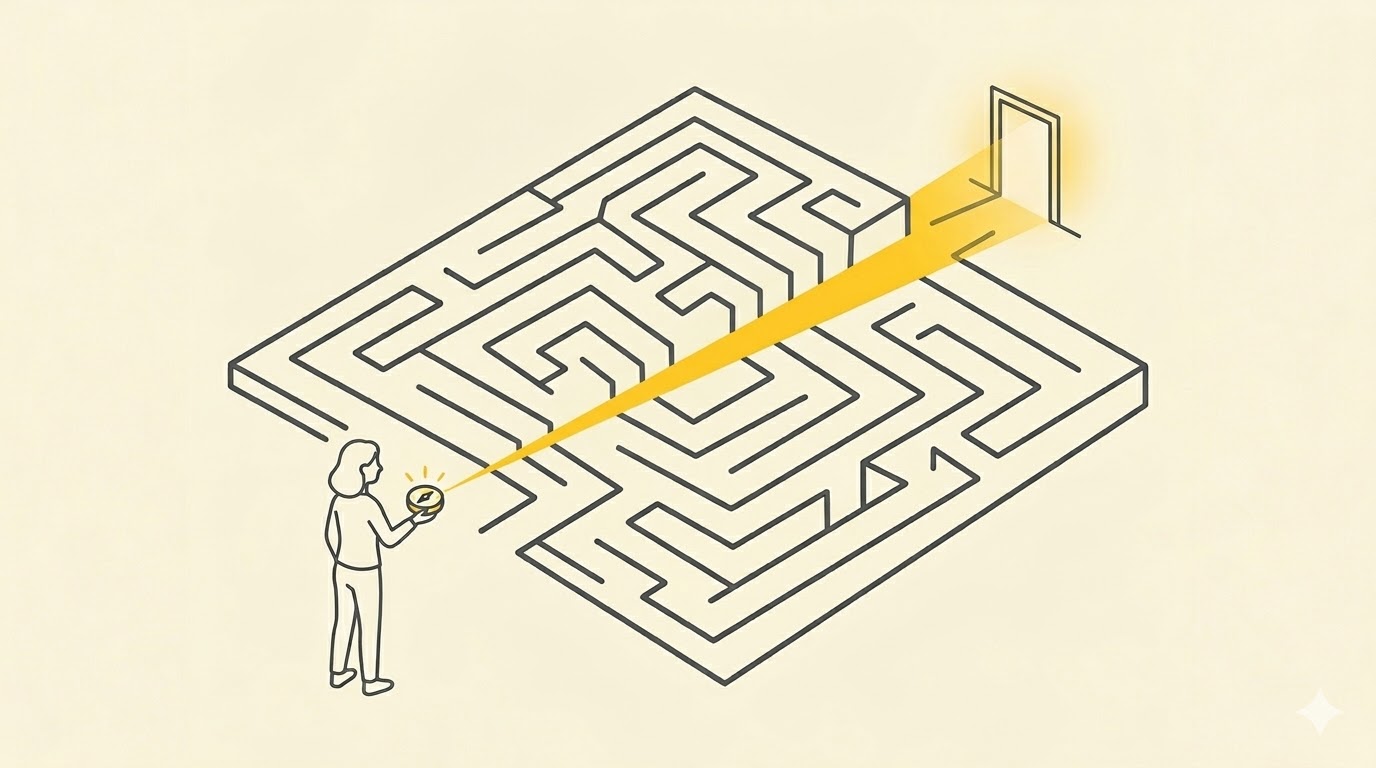 Laberinto de puertas digitales, simbolizando los desafíos de navegación en el entorno digital