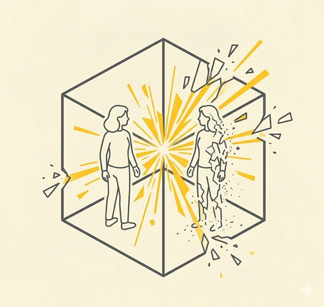 A minimalist vector line-art illustration showing a fragmented geometric cube containing two identical stylized figures facing each other (dark grey outlines). A burst of chaotic yellow light and shapes radiates from the center, deconstructing the main cube. Symbolic of internal conflict and systemic destruction.