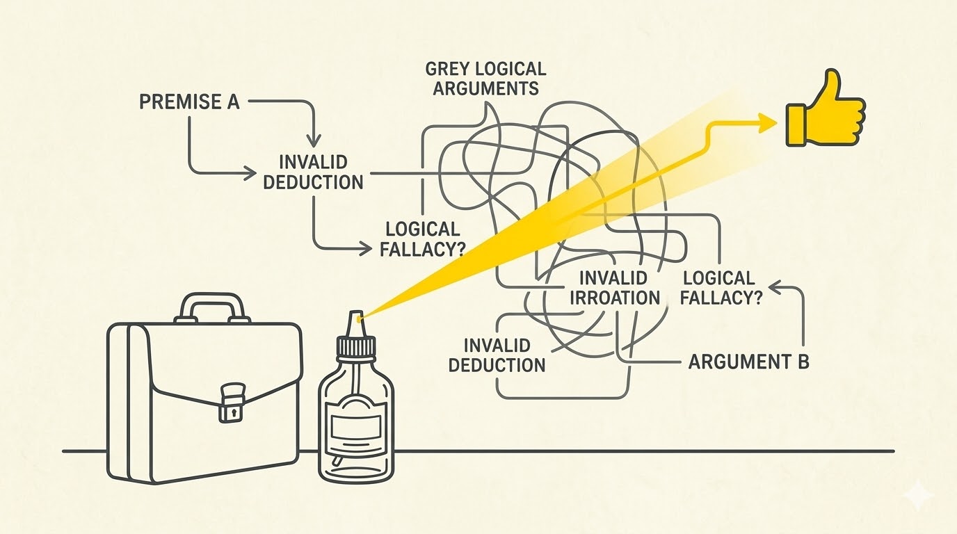 A minimalist vector line-art illustration of a stylized legal briefcase (dark grey outlines) next to a perm bottle. A focused beam of bright yellow light emits from the perm bottle onto a complex flow chart of arguments, instantly simplifying it into a single path. Symbolic of lateral thinking solving complex puzzles using unexpected data.