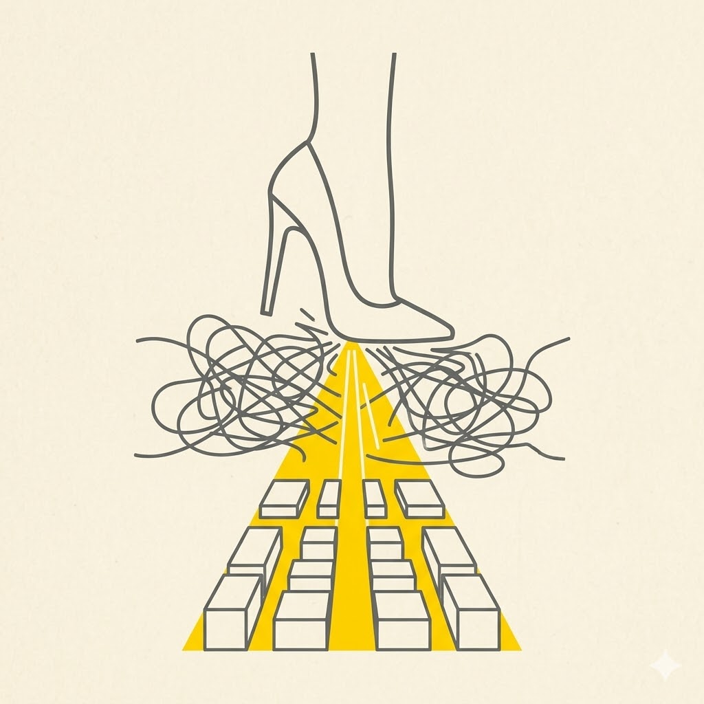 A minimalist vector line-art illustration of a stylized stiletto heel (dark grey outline) crushing a chaotic jumble of lines, creating a ray of focused yellow light that illuminates a clean, optimized path downwards. Symbolic of demanding leadership driving perfection.