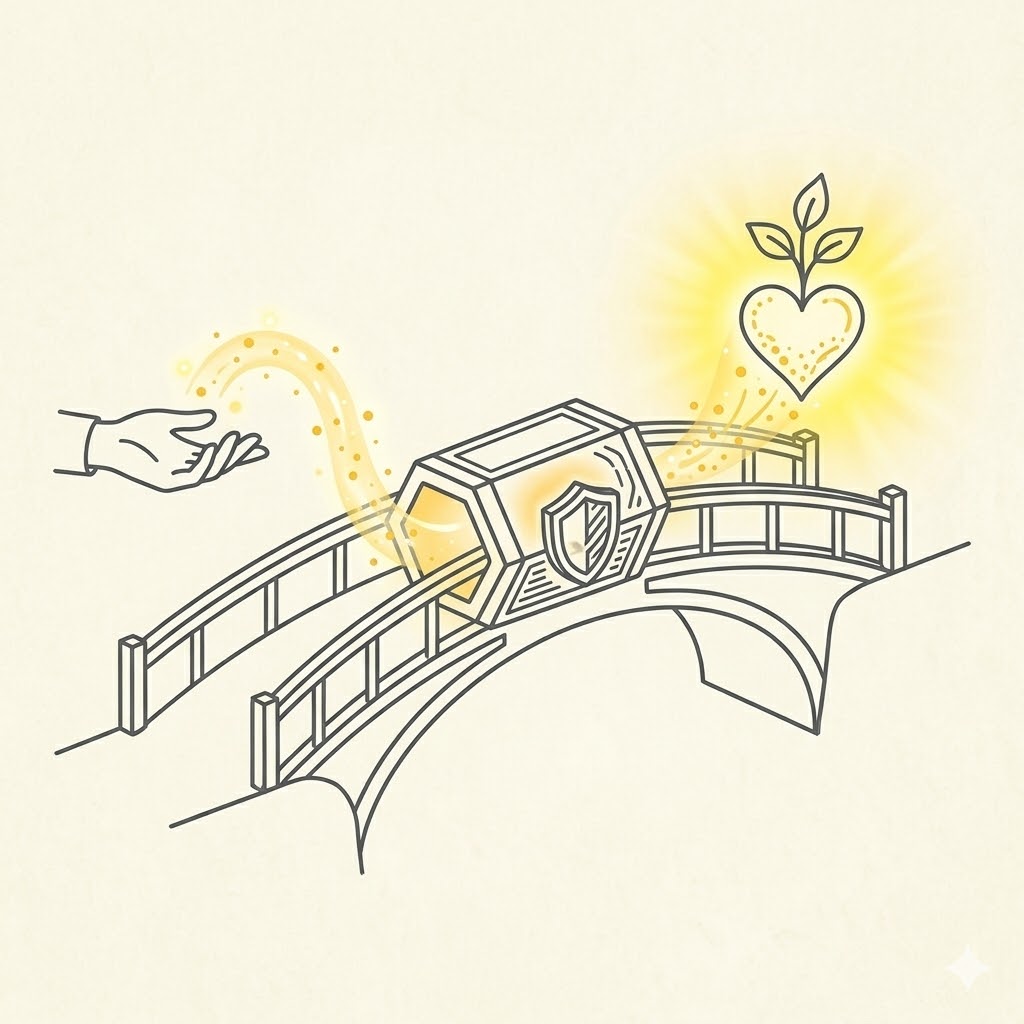 Puente de madera sobre un río, simbolizando la conexión entre el donante y la causa benéfica